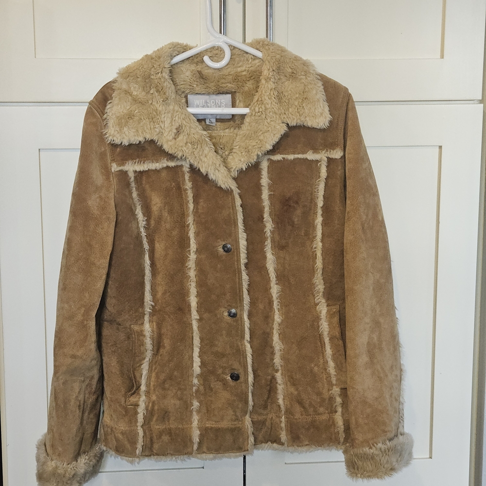 Wilsons Leather Tan Suede Teddy Jacket with Cream Faux Fur Trim